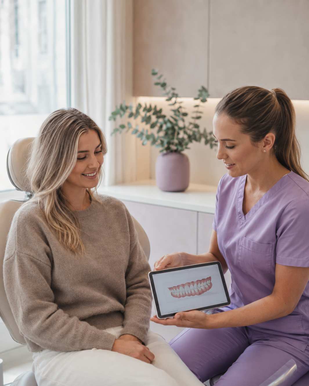 Konsultation där en patient får se sin digitala tandregleringsplan på surfplatta