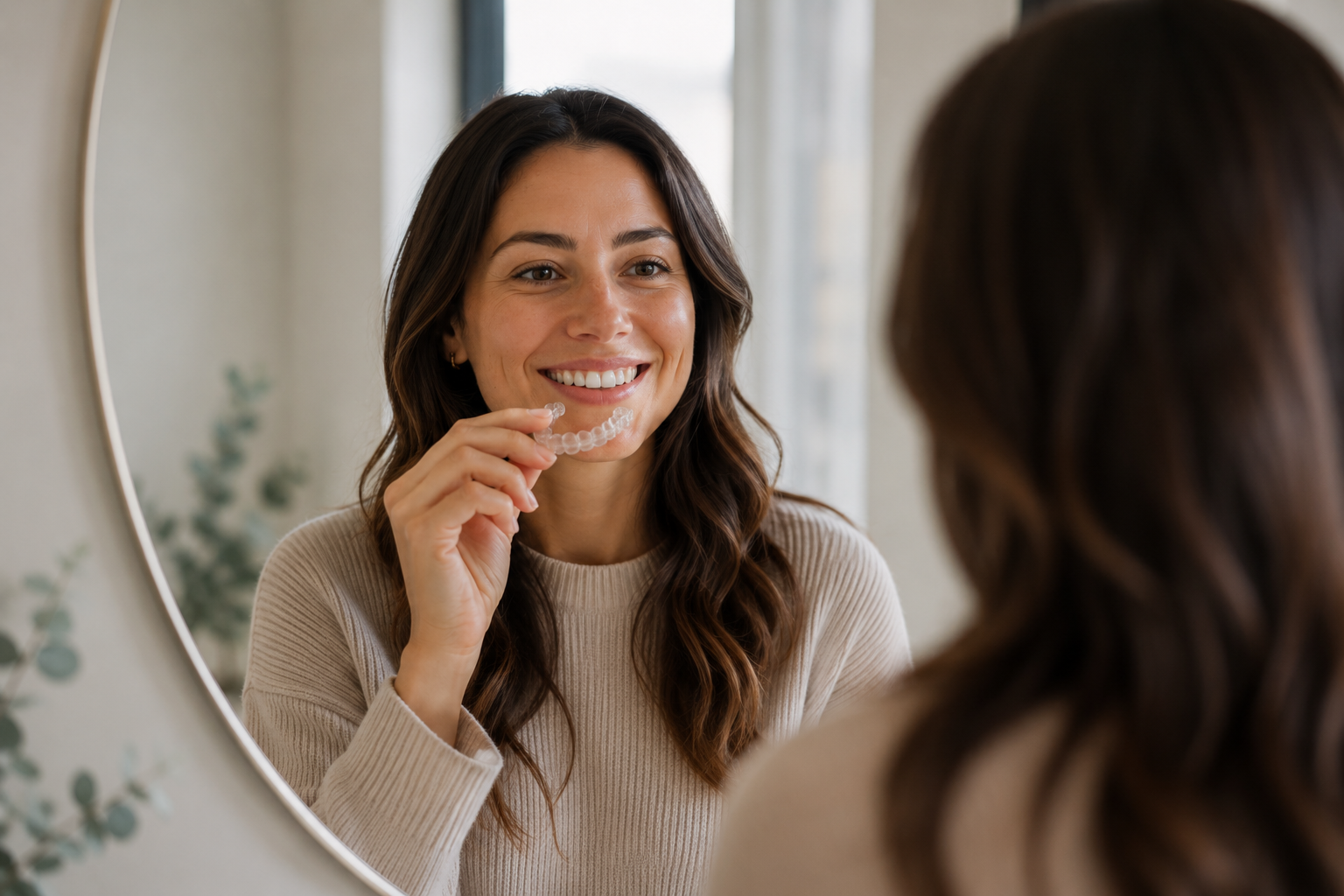 Patient sätter in Invisalign-skenan framför spegel
